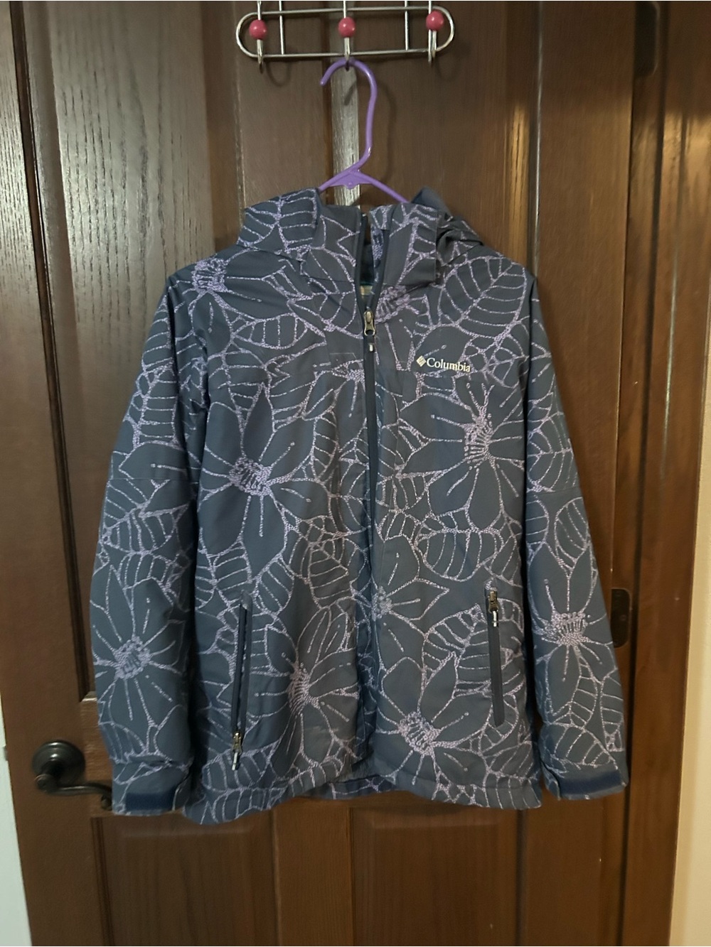 Columbia Girls Hooded Floral Puffer Jacket - Navy with Purple Flowers